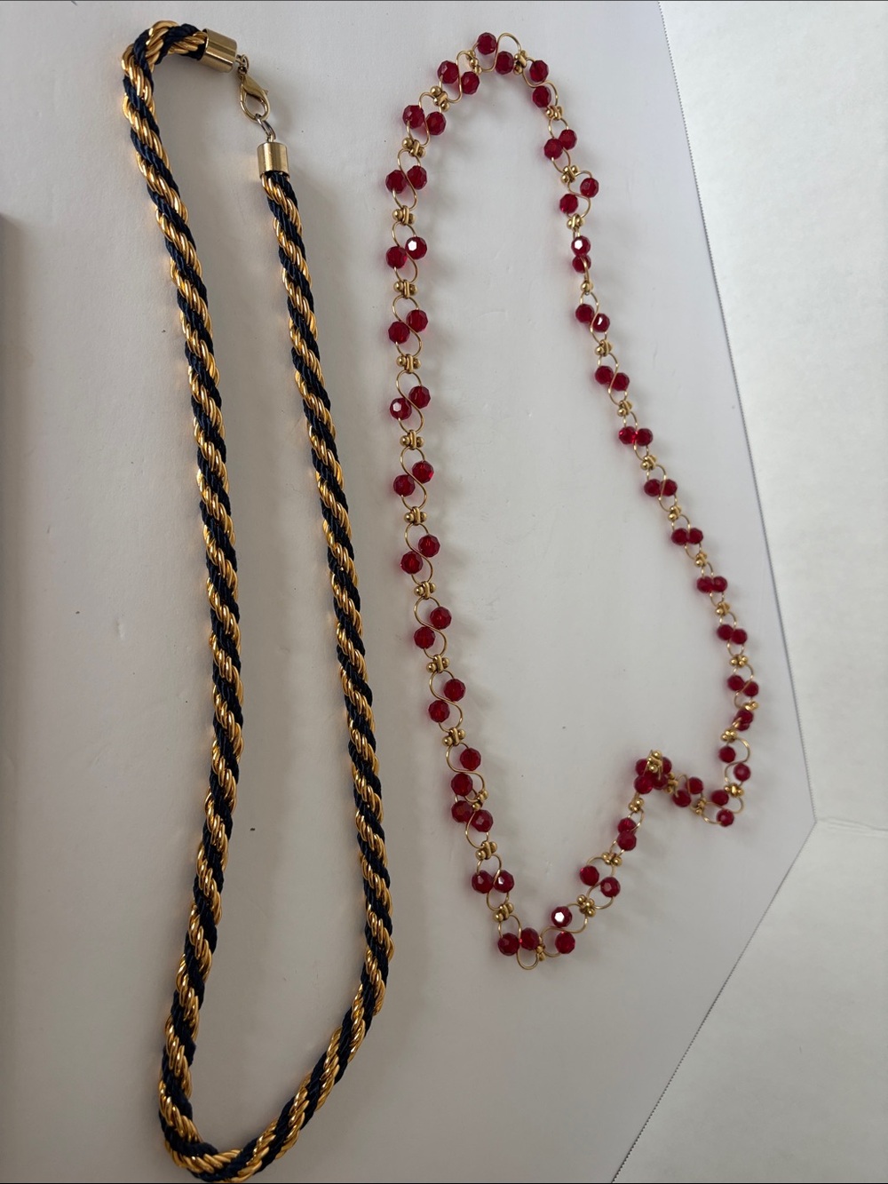 Vintage 1980s navy Gold Twist Rope Necklace & Red Crystal Bead Chain Lot - 2 Pc